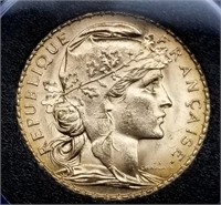 1909 France 20 Francs Gold Rooster BU
