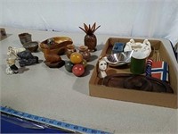 Two boxes wood decorative pieces, figurines and