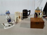 Wood box, boy with ducks figure, stein and dated