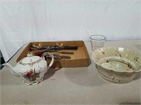 Pottery Bowl, flatware, musical teapot and