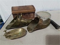 Carved wood box, metal shoes with some damage