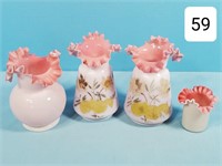 Lot (4) Cranberry Ruffled Enamel Decorated Vases