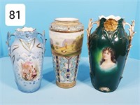 Lot of (3) Hand Painted 8" & 9" Portrait Vases