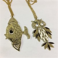 Two Costume Necklaces Owl And Fish Pendants