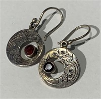 Sterling Silver Red Stone Circle Earrings