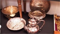 Six pieces of silverplate holloware: cake basket,