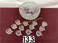 PRESSED GLASS PUNCH BOWL WITH 24 CUPS
