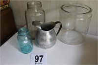 Jars, blue Ball jar, aluminum pitcher
