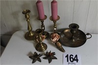 Brass candlesticks and brass shoe pin cushion