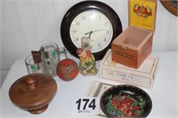 Wall clock, collector plate in box, cigar boxes,