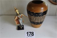 Wooden vase and doll figurine