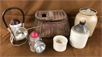 Crock, jug, fishing creel, lights lot