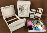 Doll bedroom set & clothing lot