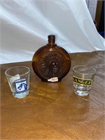 Vintage brown syrup bottle & Shot glass