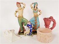 Figurines, Scottie jar, vase, Roseville, etc