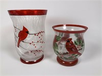 2 cardinal painted Christmas vases