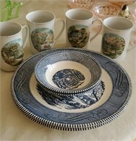 Currier & Ives plates, bowls, four seasons mugs