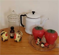 Vintage enamel teapot, shakers, glassware