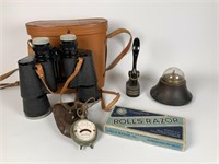 Vintage binoculars, thermo vane, volt meter, etc.