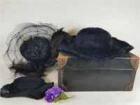 3 antique mourning hats & hat suitcase