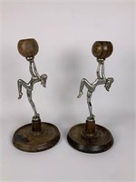 Art Deco Wood & Metal Risqué Candle holders