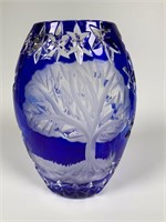 Cobalt Cut to clear glass vase