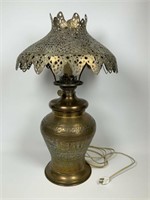Electrified brass oil lamp w/ filigree shade