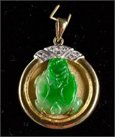 18k Yellow Gold Green Jadeite and Diamond Pendant