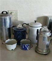 Vintage coffee pots, percolator, cups, enamelware