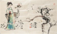 Chinese Watercolor on Paper Beauty with Deer
