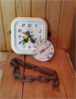 Cutting board pieces, wooden chain link, clock,