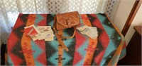 Aztec blanket, leather tooled handbag, hankies,