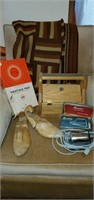 Shoe shine kit, shoe forms, vintage massager