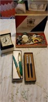 Box of keys, travel clock, pen sets