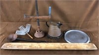 Wooden trencher, kitchenware, candle stick lot