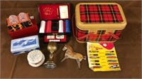 Early dresser box,scotch tin,poker set, 1898