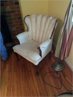 ANTIQUE WING BACK CHAIR W/ TRIMED MAHOGANY WOOD