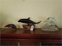 3 DOLPHIN FIGURINES: 2 GLASS, 1 HAND CRAFTED WOOD