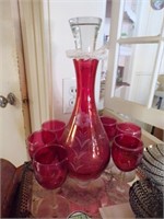 Etched Cranberry glass Decantor with glasses