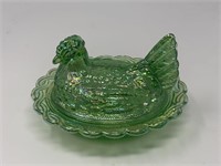 Imperial Glass, Green Carnival Glass Hen on Nest