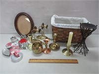 BASKET OF CANDLE HOLDERS AND HOUSEHOLD DECOR