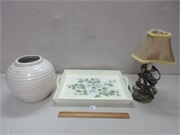 PRETTY TRAY, POTTERY AND LAMP