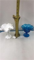 fenton white glass blue compote and vase