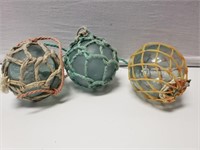 (3) Old 3" Blown Glass Fishing Floats With Nets