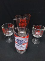 Miller Pitcher & (3) Budweiser Beer Glasses
