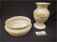 Cream Roses Pattern Porcelain Vase & Bowl Set