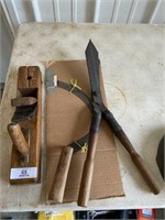Wood Block Plane, Scythe, and Hedge Trimmer
