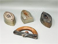 3 antique sad irons , 1 handle