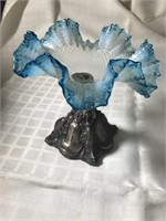 Blue & Milk Glass Ruffled Dish w/ Silver Plate