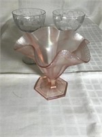 2 Vintage Etched Glasses & Ruffled Rose Bowl